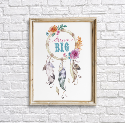 Dream Catcher Bohemian Dream Big Wall Art Room Decor Printable - Pink & Blue