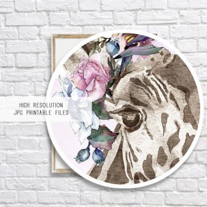Giraffe with Flowers Watercolor Graphic Wall Art Room Decor