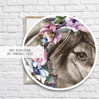Horse with Flowers Watercolor Graphic Wall Art Room Decor