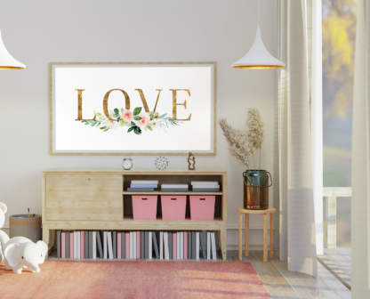 Word Love in Gold with Blush Watercolor Flowers Graphic Wall Art Room Decor