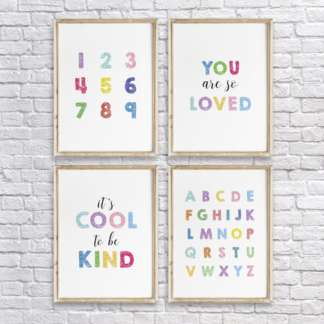 Nursery Wall Decor Printables - Colorful Alphabet, Numbers, You Are So Loved & It's Cool to be Kind