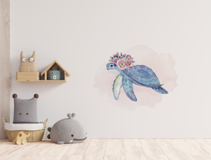 Sea Turtle with Flowers Watercolor Graphic Wall Art Room Decor