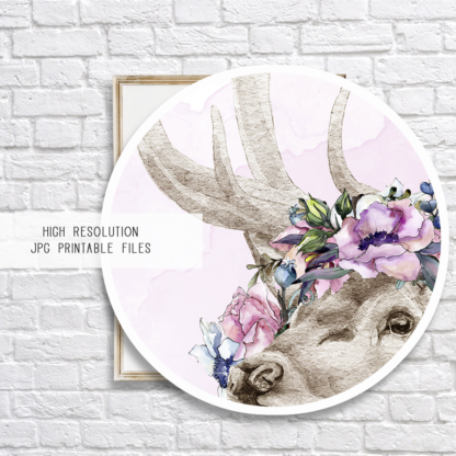 Stag Deer with Flowers Watercolor Graphic Wall Art Room Decor