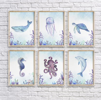 Watercolor Under The Sea Animals - Whale, Jellyfish, Sea Turtle, Seahorse, Octopus & Dolphin Wall Art/Decor Printable Set of 6