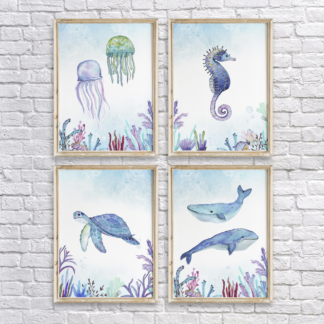 Watercolor Seahorse, Jellyfish, Sea Turtle & Whale - Under The Sea Animals Wall Art/Decor Printable Set of 4