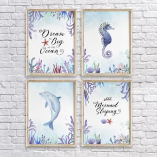 Dream as Big as the Ocean, Shhh. Mermaid Sleeping - Watercolor Under The Sea Seahorse & Dolphin Statement Wall Art/Decor Printable Set of 4