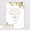 Watercolor Blush Flowers with Gold Frame Birthday Invitation Template
