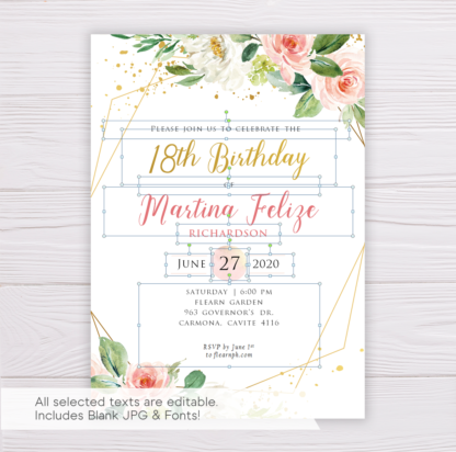 Watercolor Blush Flowers with Gold Frame Birthday Invitation Template