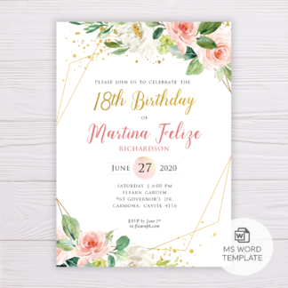 Watercolor Blush Flowers with Gold Frame Birthday Invitation Template