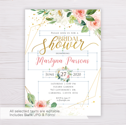 Watercolor Blush Flowers with Gold Frame Bridal Shower Invitation Template