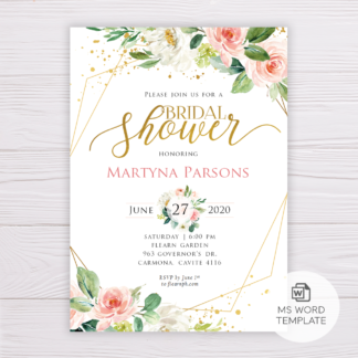 Watercolor Blush Flowers with Gold Frame Bridal Shower Invitation Template