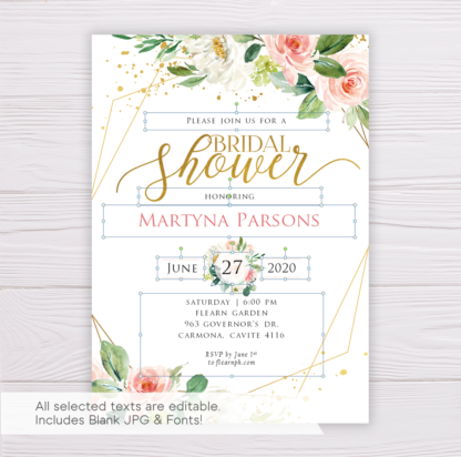 Watercolor Blush Flowers with Gold Frame Bridal Shower Invitation Template