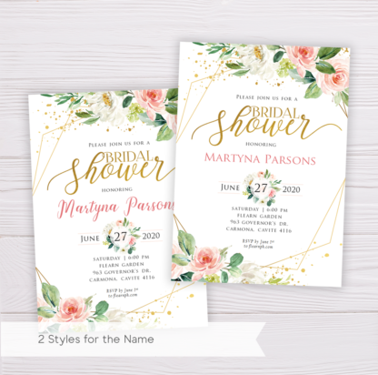 Watercolor Blush Flowers with Gold Frame Bridal Shower Invitation Template