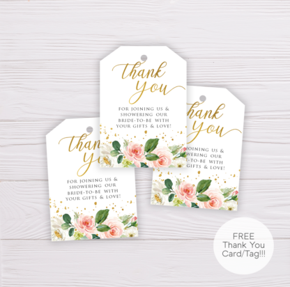 Watercolor Blush Flowers with Gold Frame Bridal Shower Thank You Card Template