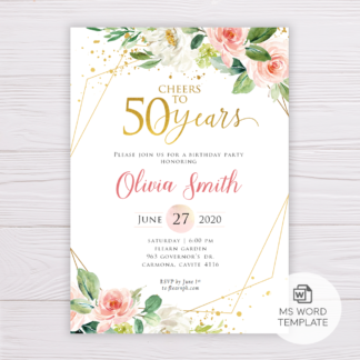Watercolor Blush Flowers with Gold Frame Cheers to 50 Years Birthday Invitation Template