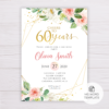Watercolor Blush Flowers with Gold Frame Cheers to 60 Years Birthday Invitation Template
