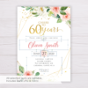 Watercolor Blush Flowers with Gold Frame Cheers to 60 Years Birthday Invitation Template