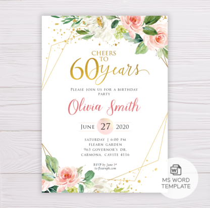 Watercolor Blush Flowers with Gold Frame Cheers to 60 Years Birthday Invitation Template