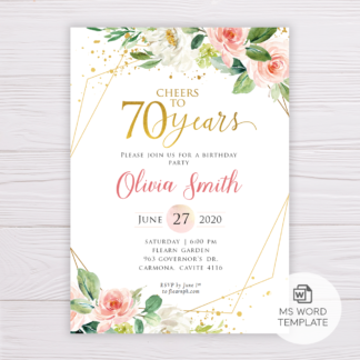 Watercolor Blush Flowers with Gold Frame Cheers to 70 Years Birthday Invitation Template
