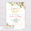 Watercolor Blush Flowers with Gold Frame Save the Date Template