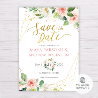 Watercolor Blush Flowers with Gold Frame Save the Date Template