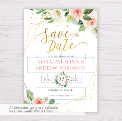 Watercolor Blush Flowers with Gold Frame Save the Date Template