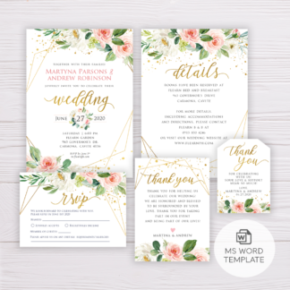 Watercolor Blush Flowers with Gold Frame Wedding Invitation Suite Template