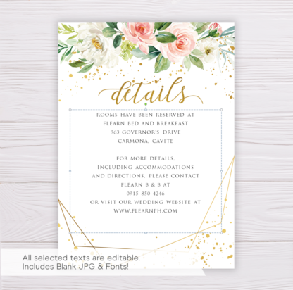 Watercolor Blush Flowers with Gold Frame Wedding Invitation Suite Template - Details Card