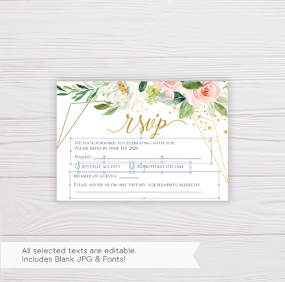 Watercolor Blush Flowers with Gold Frame Wedding Invitation Suite Template - RSVP