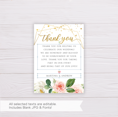 Watercolor Blush Flowers with Gold Frame Wedding Invitation Suite Template - Thank You Card