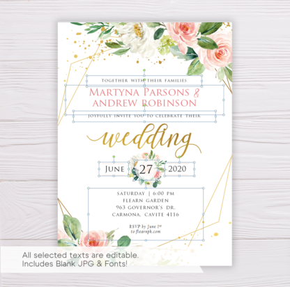 Watercolor Blush Flowers with Gold Frame Wedding Invitation Template