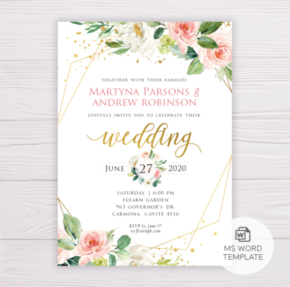 Watercolor Blush Flowers with Gold Frame Wedding Invitation Template