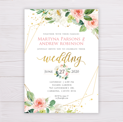 Watercolor Blush Flowers with Gold Frame Wedding Invitation Template