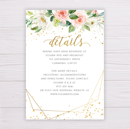 Watercolor Blush Flowers with Gold Frame Wedding Invitation Suite Template - Details Card