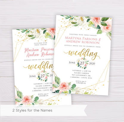 Watercolor Blush Flowers with Gold Frame Wedding Invitation Template