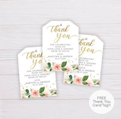 Watercolor Blush Flowers with Gold Frame Wedding Thank You Card Template