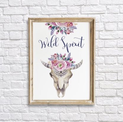 Wild Spirit Bohemian Skull with Flowers Wall Art Room Decor Printable