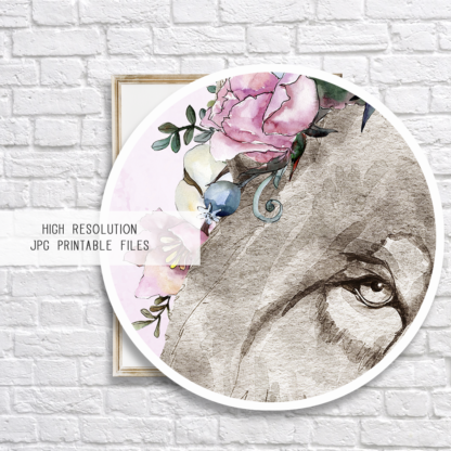 Wolf with Flowers Watercolor Graphic Wall Art Room Decor