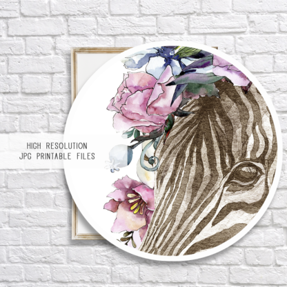 Zebra with Flowers Watercolor Graphic Wall Art Room Decor
