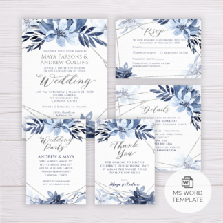 Blue Watercolor Flowers with Silver Frame Wedding Invitation Suite/Set Template