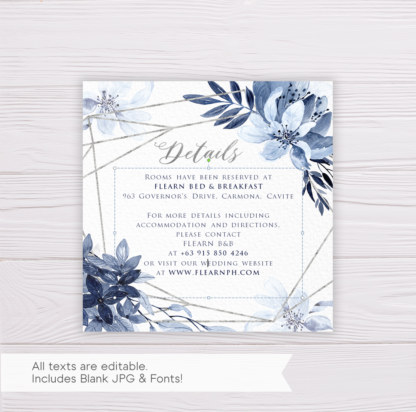 Blue Watercolor Flowers with Silver Frame Wedding Invitation Suite/Set Template - Details Card