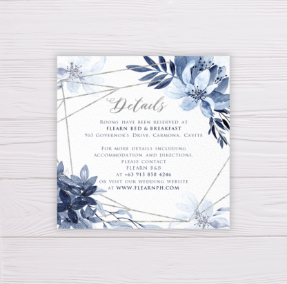 Blue Watercolor Flowers with Silver Frame Wedding Invitation Suite/Set Template - Details Card
