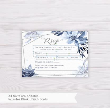 Blue Watercolor Flowers with Silver Frame Wedding Invitation Suite/Set Template - RSVP Card