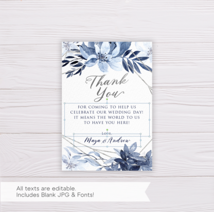 Blue Watercolor Flowers with Silver Frame Wedding Invitation Suite/Set Template - Thank You Card