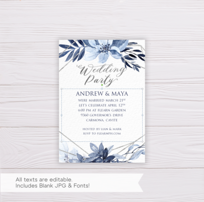 Blue Watercolor Flowers with Silver Frame Wedding Invitation Suite/Set Template - Wedding Party Card