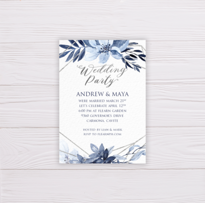 Blue Watercolor Flowers with Silver Frame Wedding Invitation Suite/Set Template - Wedding Party Card