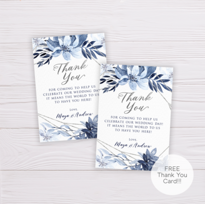 Blue Watercolor Flowers with Silver Frame Thank You Card