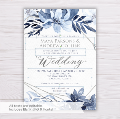 Blue Watercolor Flowers with Silver Frame Wedding Invitation Template