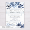 Blue Watercolor Flowers with Silver Frame Wedding Invitation Template