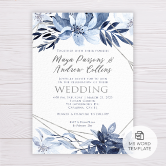 Blue Watercolor Flowers with Silver Frame Wedding Invitation Template
